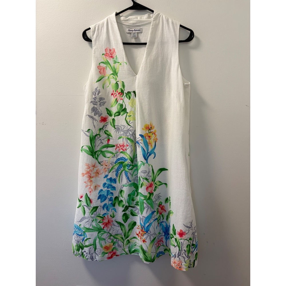 Tommy Bahama Womens White Linen Blend Tropical Floral V-Neck Shift Dress Small